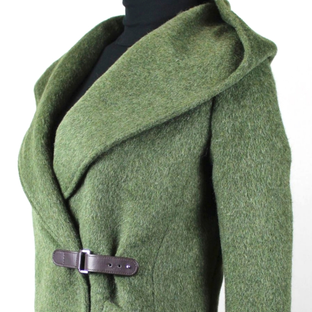 Sz 14, Ralph Lauren Loden Green Hooded Wool Jacket Coat Leather Strap